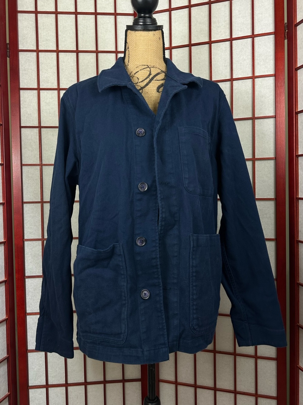 Quince Mens Cotton Chore Coat Navy Blue Utility Jacket Size L